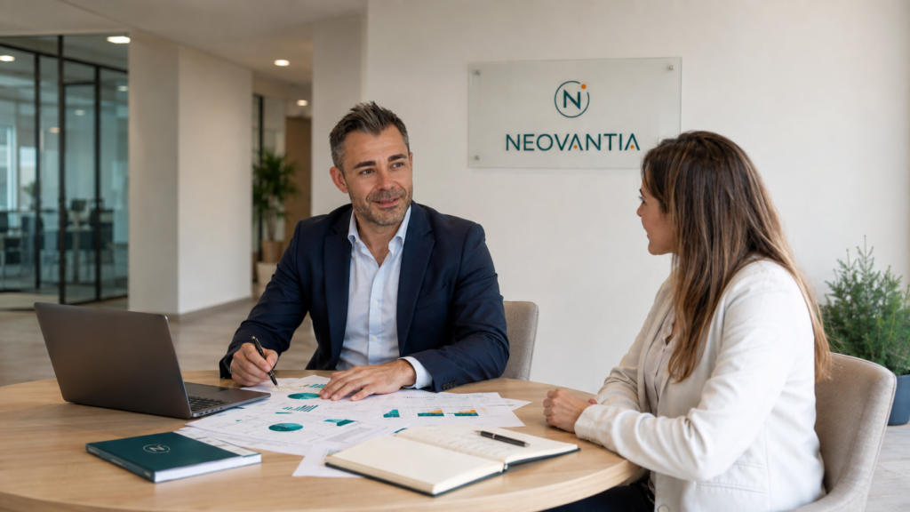 Responsable de una clínica y consultor revisando decisiones y prioridades
